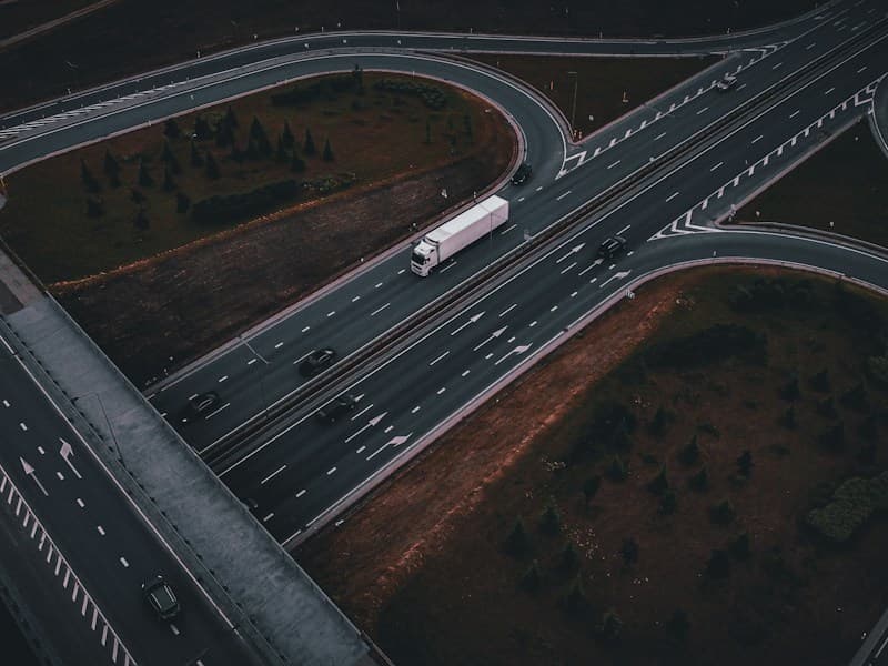 Aerial view of motorway interchange at night